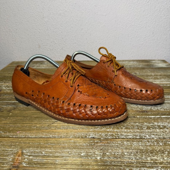Rios Crafts S. Shoes - Vintage Rios Crafts Brown Leather Woven Huarache Lace Up Oxfords Shoe Mexico 9
